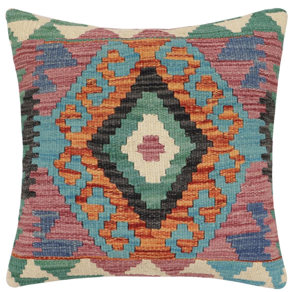 handmade Traditional Pillow Rust Blue Hand-Woven SQUARE 100% WOOL Hand woven turkish pillow2' x 2'
