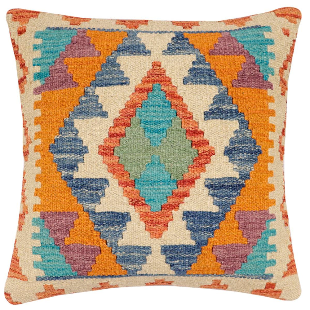 handmade Traditional Pillow Rust Blue Hand-Woven SQUARE 100% WOOL Hand woven turkish pillow2' x 2'