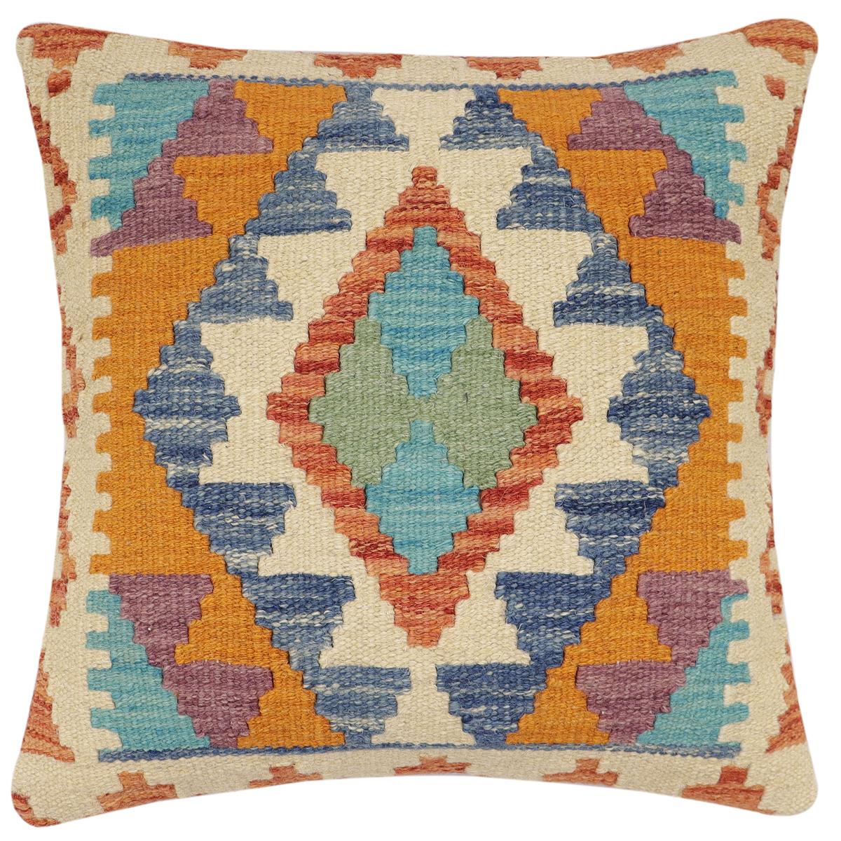 handmade Traditional Pillow Rust Blue Hand-Woven SQUARE 100% WOOL Hand woven turkish pillow2' x 2'