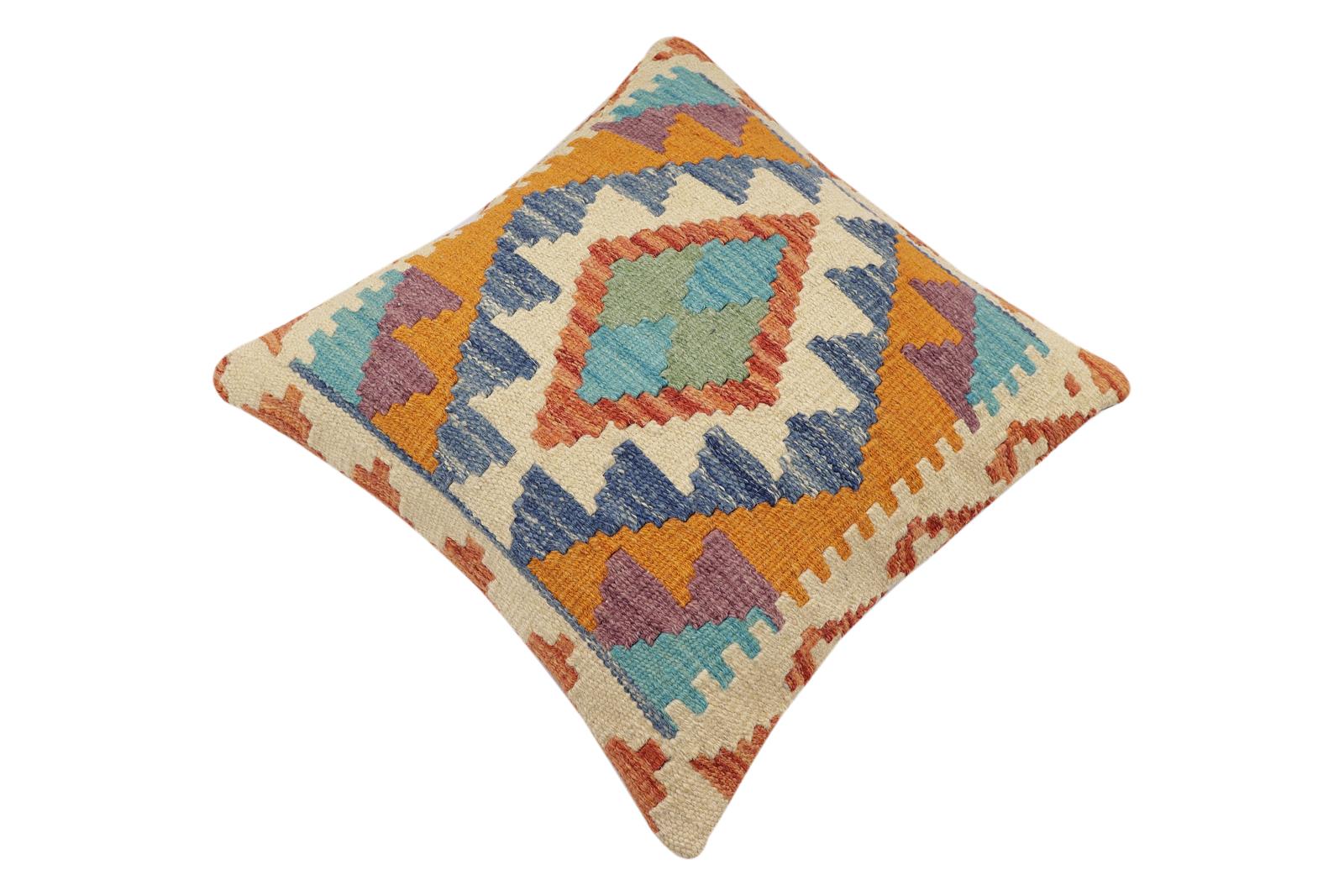 handmade Traditional Pillow Rust Blue Hand-Woven SQUARE 100% WOOL Hand woven turkish pillow2 x 2