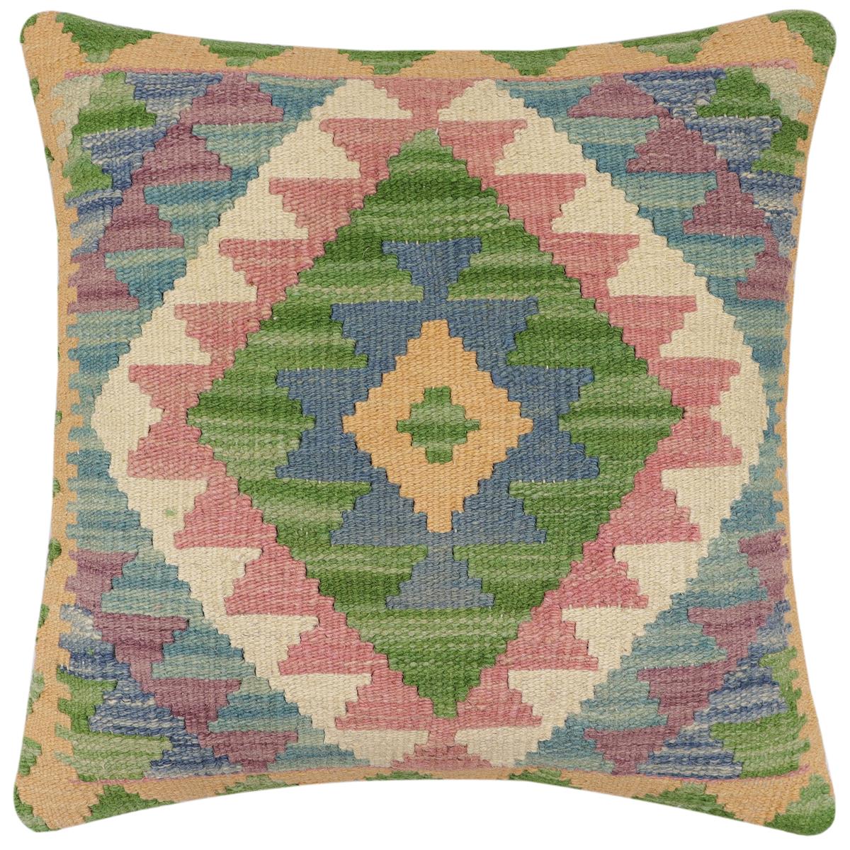 handmade Traditional Pillow Blue Beige Hand-Woven SQUARE 100% WOOL Hand woven turkish pillow2 x 2