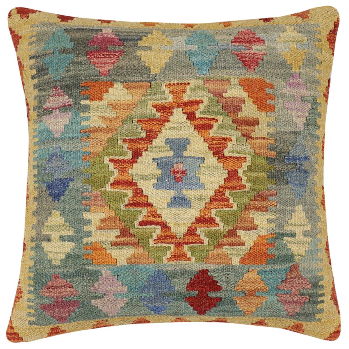 handmade Traditional Pillow Rust Blue Hand-Woven SQUARE 100% WOOL Hand woven turkish pillow2' x 2'