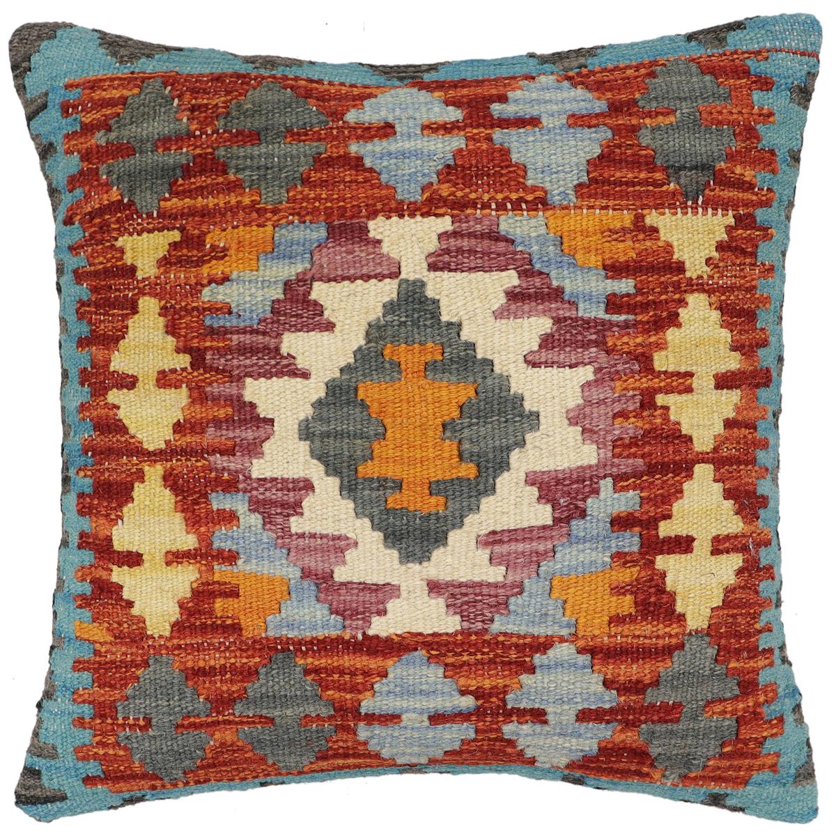handmade Traditional Pillow Rust Blue Hand-Woven SQUARE 100% WOOL  Hand woven turkish pillow  2 x 2
