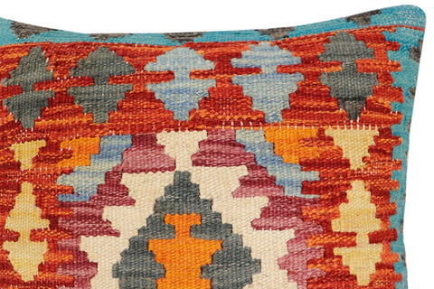 handmade Traditional Pillow Rust Blue Hand-Woven SQUARE 100% WOOL  Hand woven turkish pillow  2 x 2