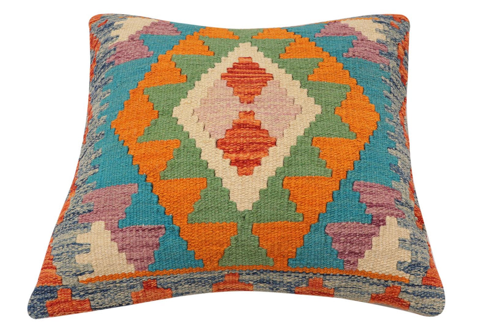 handmade Traditional Pillow Rust Blue Hand-Woven SQUARE 100% WOOL Hand woven turkish pillow2' x 2'