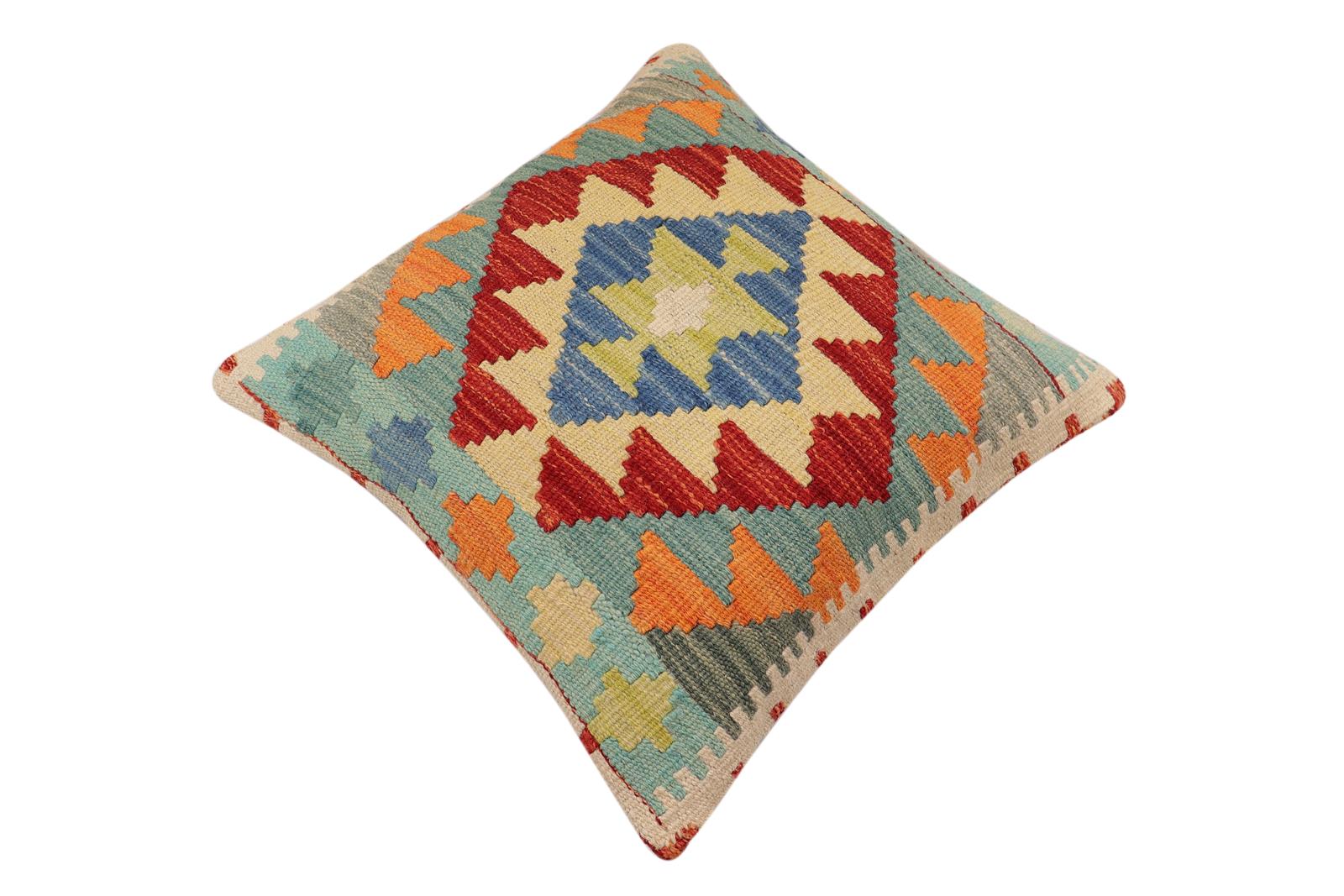 handmade Traditional Pillow Rust Blue Hand-Woven SQUARE 100% WOOL Hand woven turkish pillow2 x 2