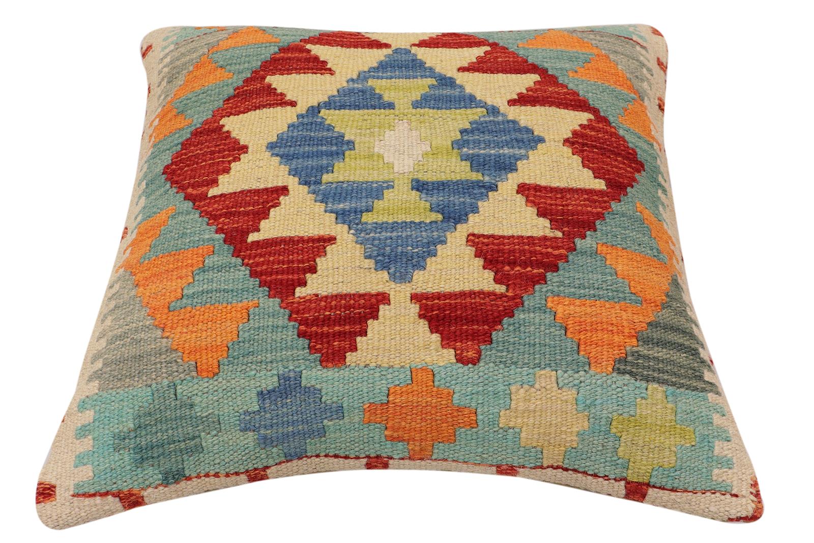 handmade Traditional Pillow Rust Blue Hand-Woven SQUARE 100% WOOL Hand woven turkish pillow2 x 2