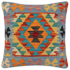 handmade Traditional Pillow Rust Blue Hand-Woven SQUARE 100% WOOL Hand woven turkish pillow2' x 2'