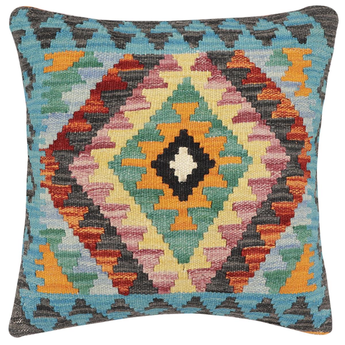 handmade Traditional Pillow Rust Blue Hand-Woven SQUARE 100% WOOL Hand woven turkish pillow2' x 2'