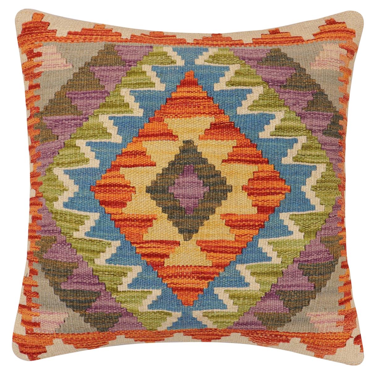 handmade Traditional Pillow Rust Blue Hand-Woven SQUARE 100% WOOL  Hand woven turkish pillow  2 x 2