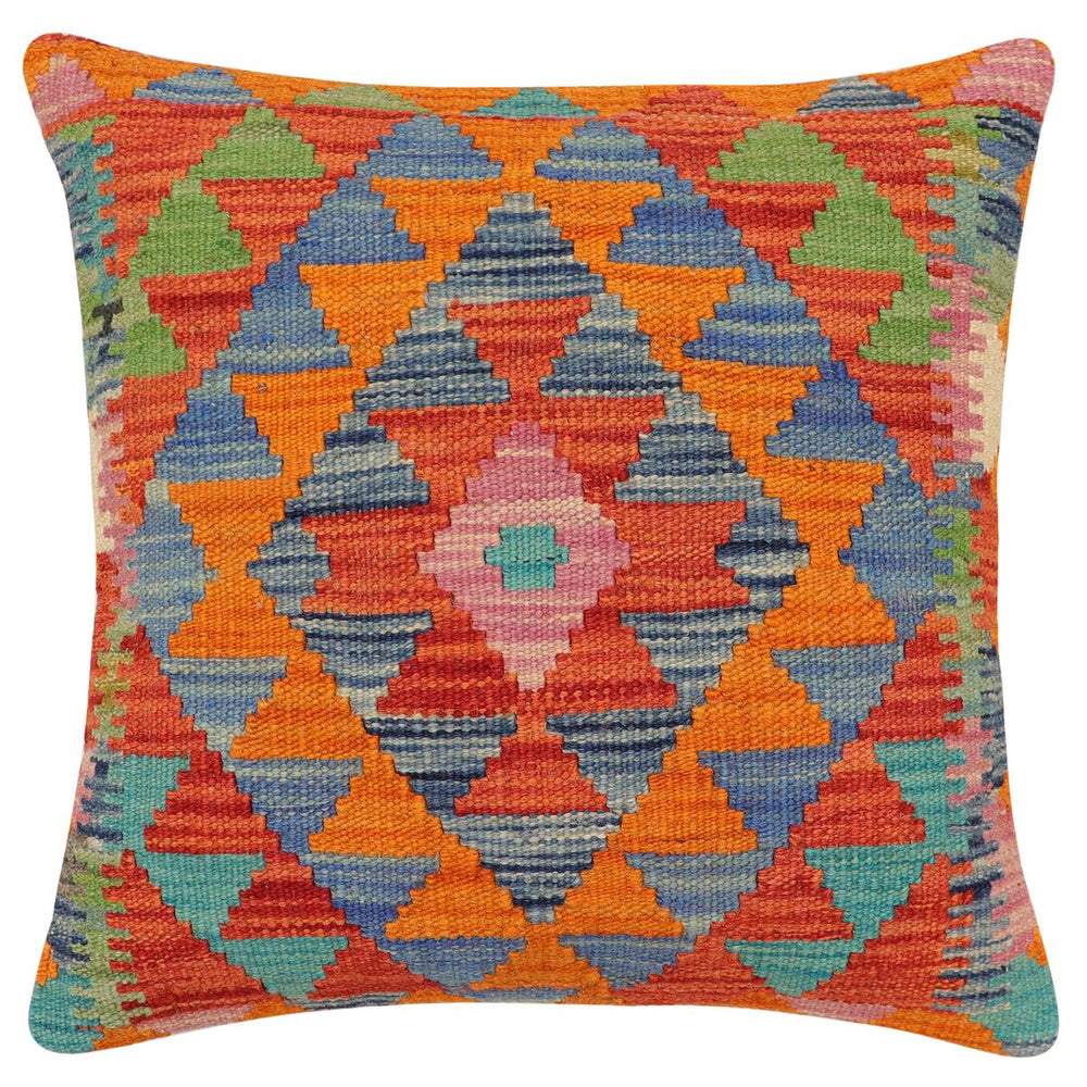 handmade Traditional Pillow Rust Blue Hand-Woven SQUARE 100% WOOL Hand woven turkish pillow2' x 2'