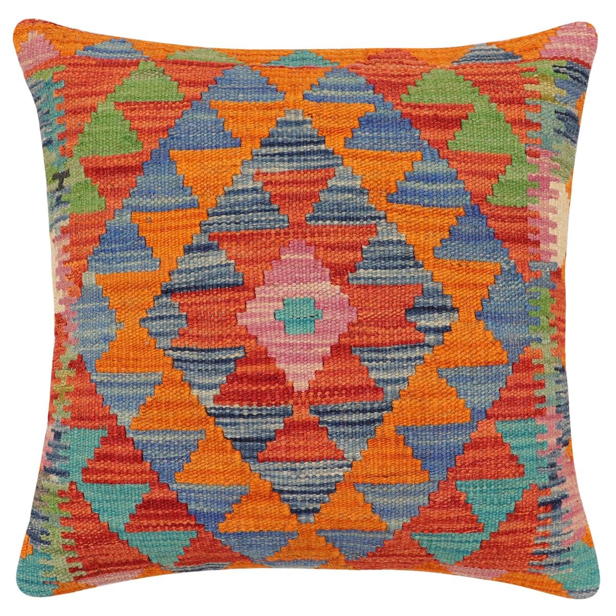 handmade Traditional Pillow Rust Blue Hand-Woven SQUARE 100% WOOL Hand woven turkish pillow2' x 2'