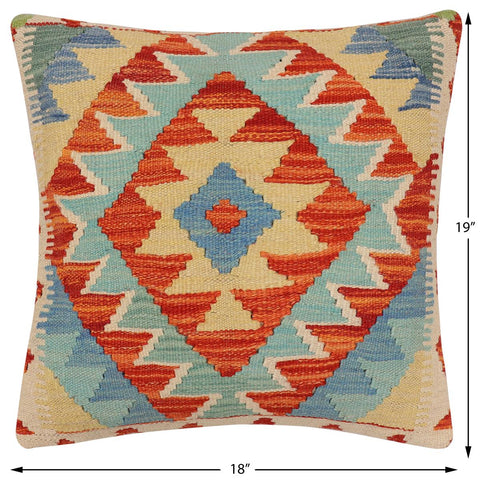 handmade Traditional Pillow Rust Blue Hand-Woven SQUARE 100% WOOL  Hand woven turkish pillow  2 x 2