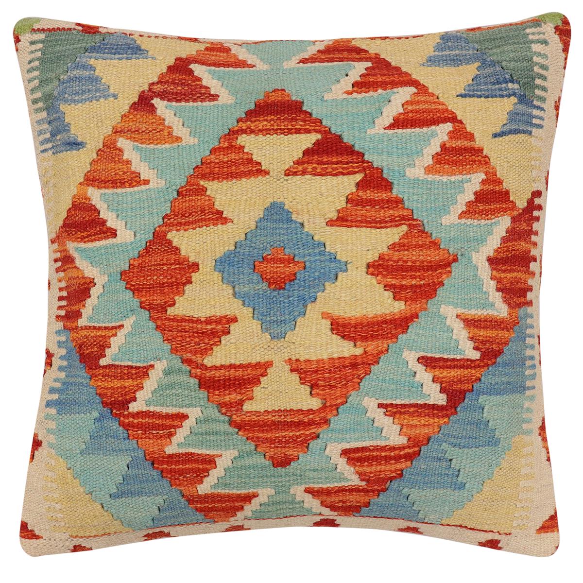 handmade Traditional Pillow Rust Blue Hand-Woven SQUARE 100% WOOL  Hand woven turkish pillow  2 x 2