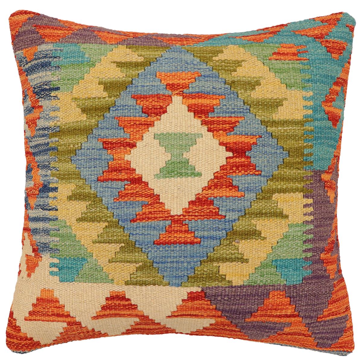 handmade Traditional Pillow Rust Blue Hand-Woven SQUARE 100% WOOL  Hand woven turkish pillow  2 x 2