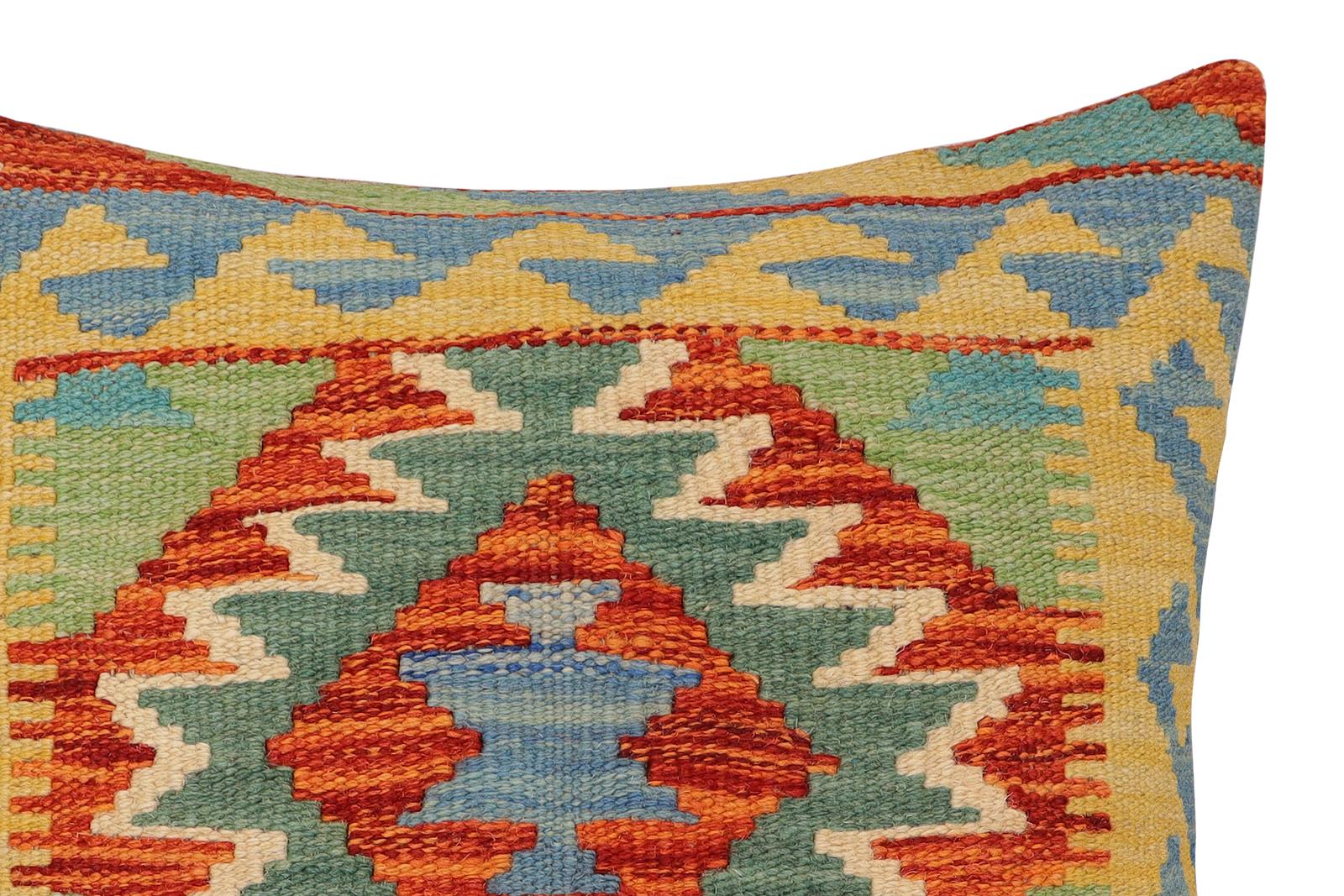 handmade Traditional Pillow Rust Blue Hand-Woven SQUARE 100% WOOL Hand woven turkish pillow2' x 2'