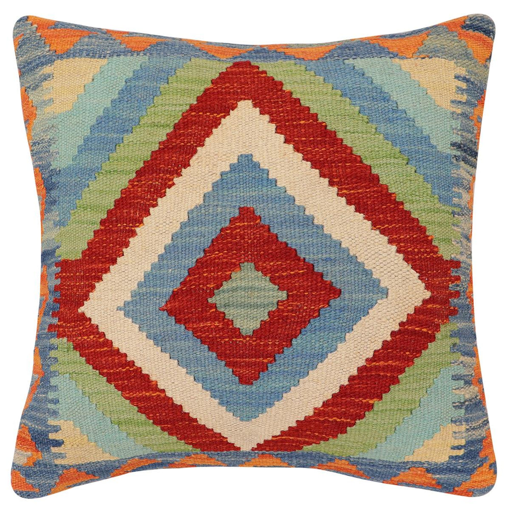 handmade Traditional Pillow Rust Blue Hand-Woven SQUARE 100% WOOL Hand woven turkish pillow2' x 2'