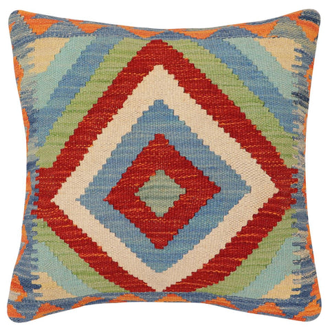 handmade Traditional Pillow Rust Blue Hand-Woven SQUARE 100% WOOL Hand woven turkish pillow2 x 2