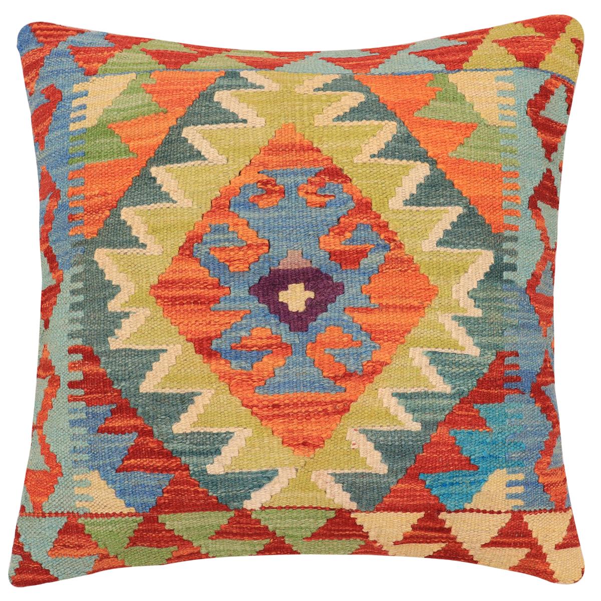 handmade Traditional Pillow Rust Blue Hand-Woven SQUARE 100% WOOL  Hand woven turkish pillow  2 x 2