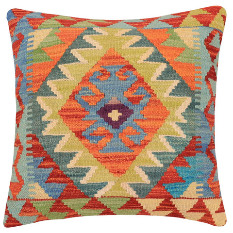 handmade Traditional Pillow Rust Blue Hand-Woven SQUARE 100% WOOL  Hand woven turkish pillow  2 x 2