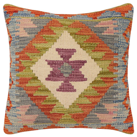 handmade Traditional Pillow Rust Blue Hand-Woven SQUARE 100% WOOL  Hand woven turkish pillow  2 x 2