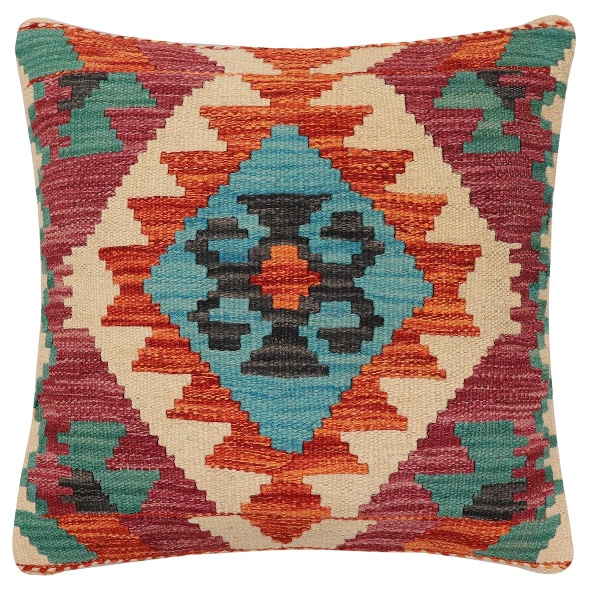 handmade Traditional Pillow Rust Blue Hand-Woven SQUARE 100% WOOL Hand woven turkish pillow2' x 2'