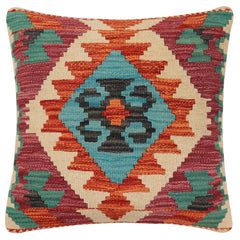 handmade Traditional Pillow Rust Blue Hand-Woven SQUARE 100% WOOL Hand woven turkish pillow2' x 2'