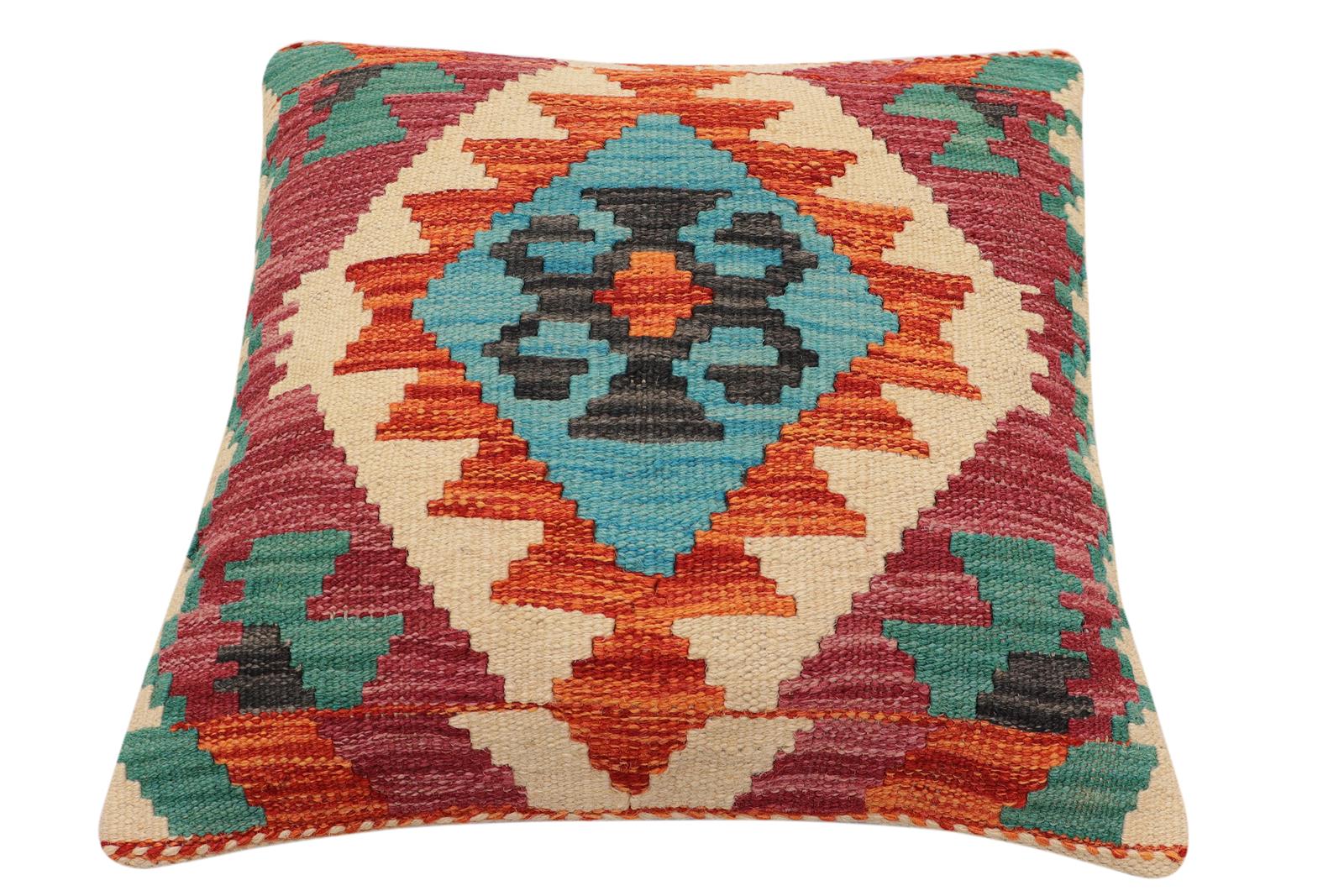 handmade Traditional Pillow Rust Blue Hand-Woven SQUARE 100% WOOL Hand woven turkish pillow2 x 2