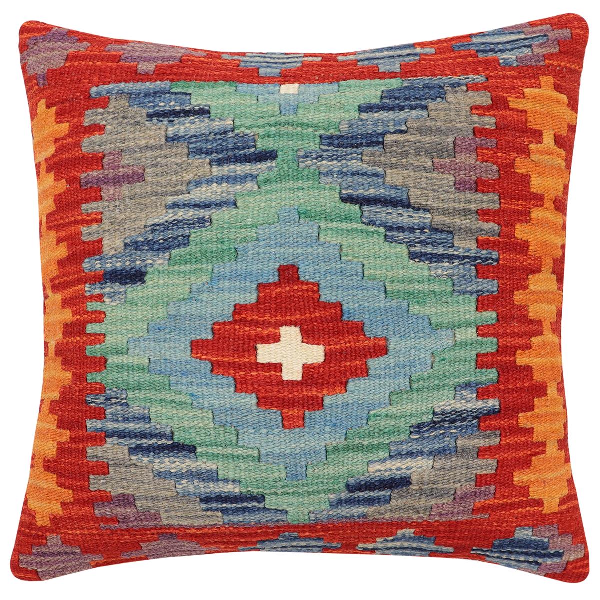 handmade Traditional Pillow Rust Blue Hand-Woven SQUARE 100% WOOL  Hand woven turkish pillow  2 x 2