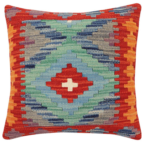 handmade Traditional Pillow Rust Blue Hand-Woven SQUARE 100% WOOL  Hand woven turkish pillow  2 x 2