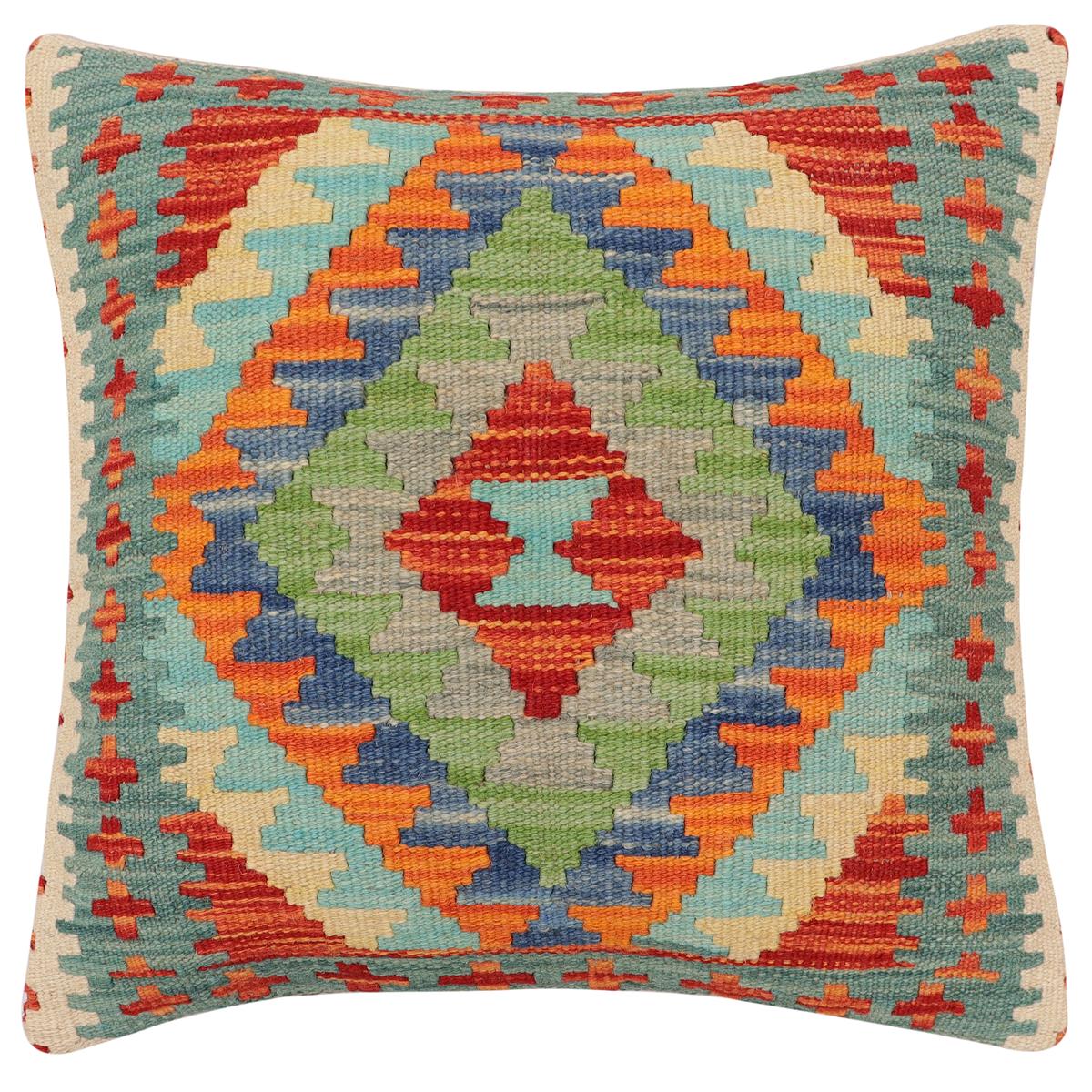 handmade Traditional Pillow Rust Blue Hand-Woven SQUARE 100% WOOL  Hand woven turkish pillow  2 x 2