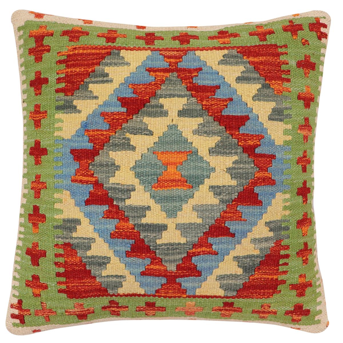 handmade Traditional Pillow Rust Blue Hand-Woven SQUARE 100% WOOL Hand woven turkish pillow2' x 2'