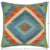 handmade Traditional Pillow Blue Rust Hand-Woven SQUARE 100% WOOL  Hand woven turkish pillow  2 x 2