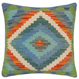 handmade Traditional Pillow Blue Rust Hand-Woven SQUARE 100% WOOL  Hand woven turkish pillow  2 x 2