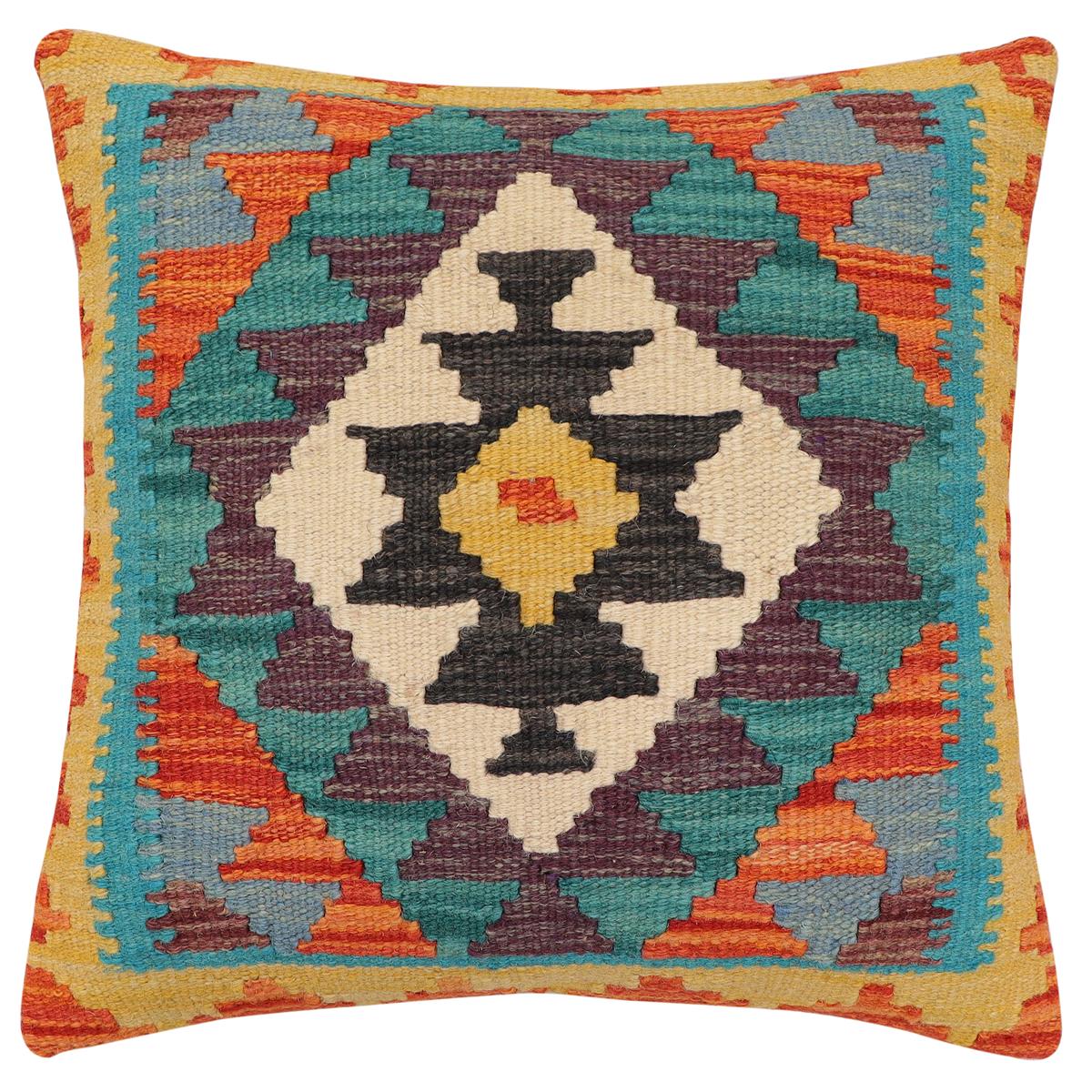 handmade Traditional Pillow Rust Blue Hand-Woven SQUARE 100% WOOL  Hand woven turkish pillow  2 x 2