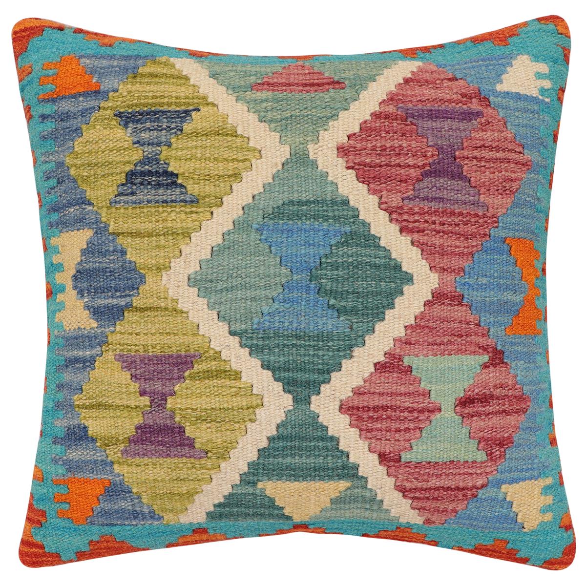 handmade Traditional Pillow Rust Blue Hand-Woven SQUARE 100% WOOL Hand woven turkish pillow2' x 2'