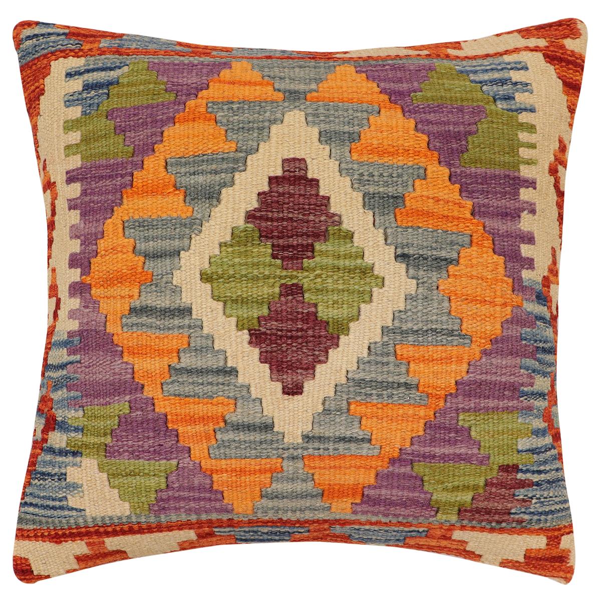 handmade Traditional Pillow Rust Blue Hand-Woven SQUARE 100% WOOL  Hand woven turkish pillow  2 x 2