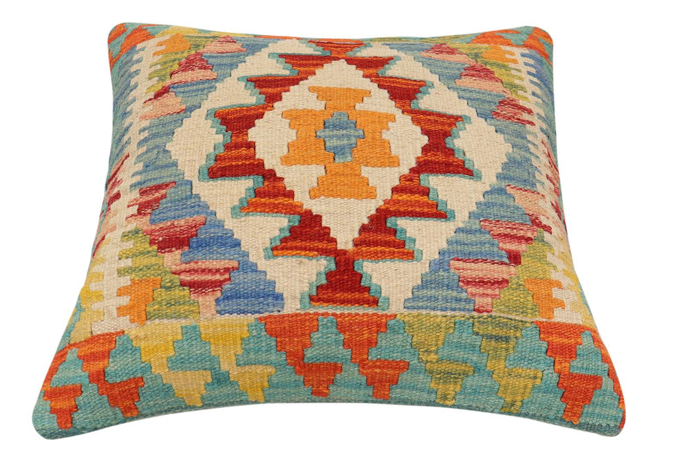 handmade Traditional Pillow Rust Blue Hand-Woven SQUARE 100% WOOL Hand woven turkish pillow2' x 2'