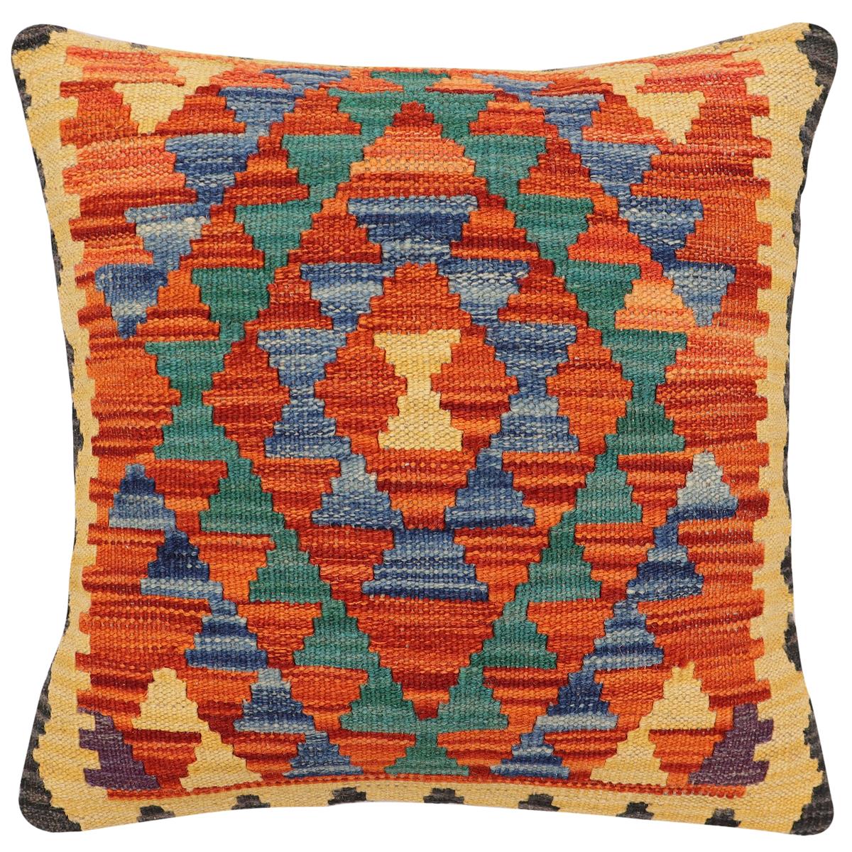 handmade Traditional Pillow Rust Blue Hand-Woven SQUARE 100% WOOL  Hand woven turkish pillow  2 x 2