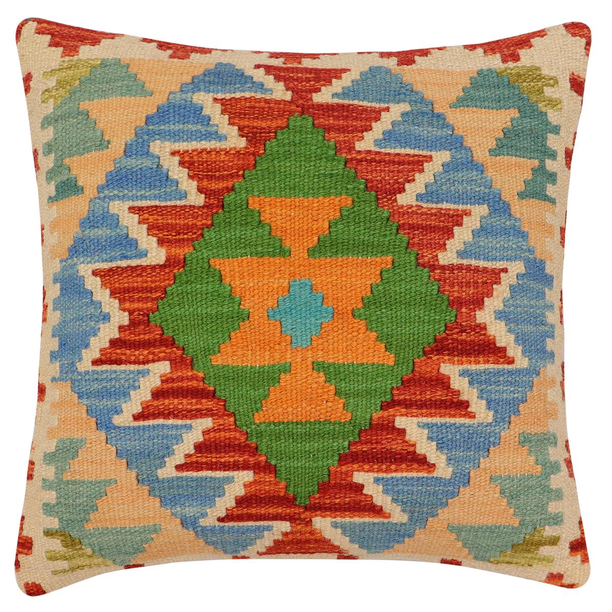 handmade Traditional Pillow Rust Blue Hand-Woven SQUARE 100% WOOL  Hand woven turkish pillow  3 x 5