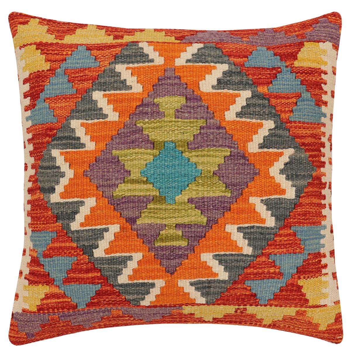 handmade Traditional Pillow Rust Blue Hand-Woven SQUARE 100% WOOL  Hand woven turkish pillow  2 x 2