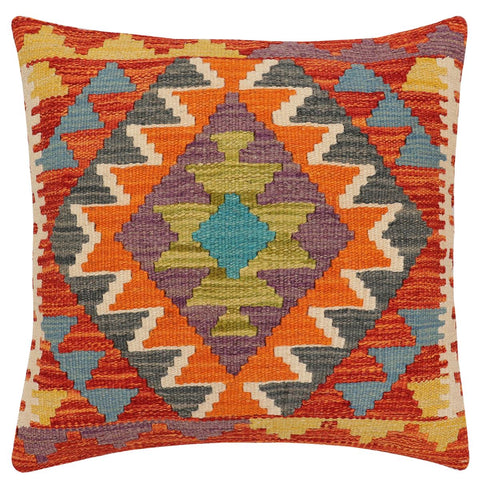 handmade Traditional Pillow Rust Blue Hand-Woven SQUARE 100% WOOL  Hand woven turkish pillow  2 x 2