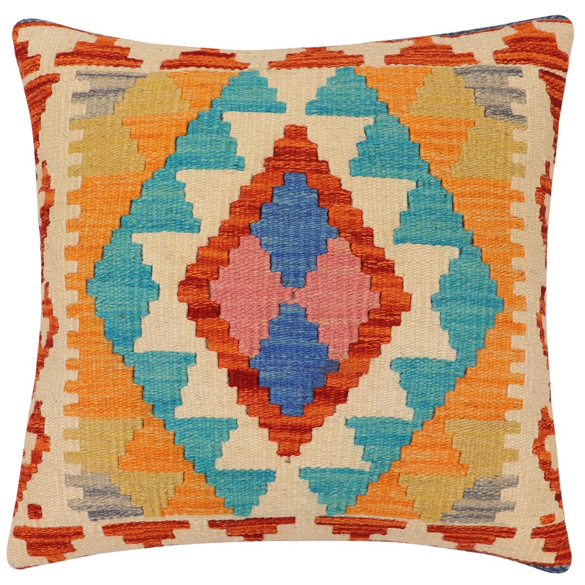 handmade Traditional Pillow Rust Blue Hand-Woven SQUARE 100% WOOL Hand woven turkish pillow2' x 2'