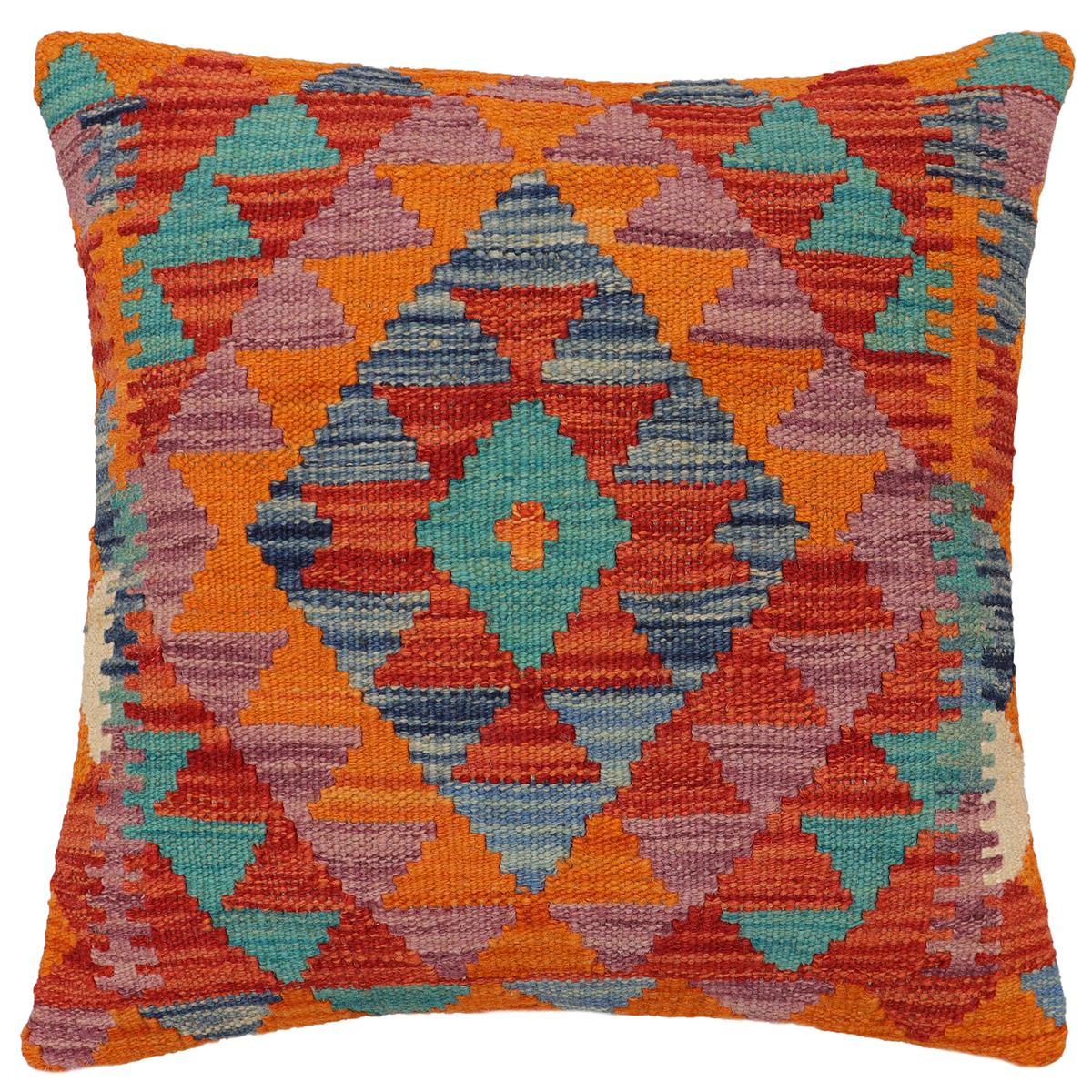 handmade Traditional Pillow Rust Blue Hand-Woven SQUARE 100% WOOL Hand woven turkish pillow2' x 2'