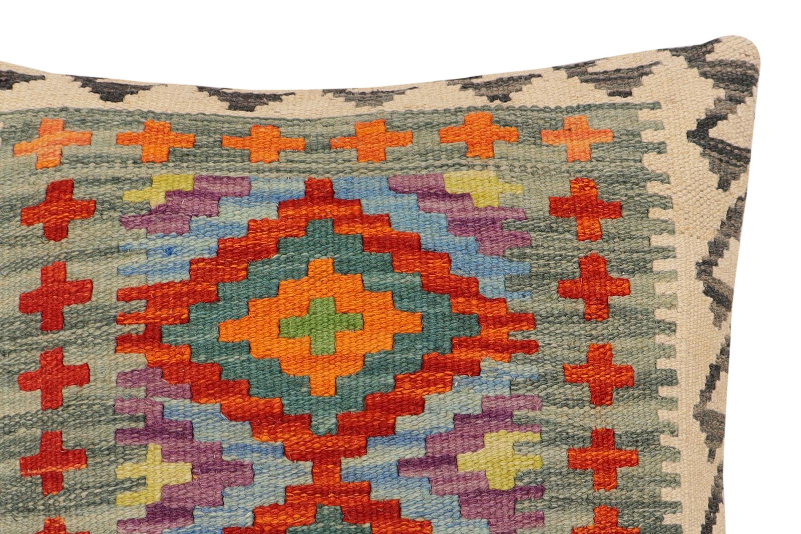 handmade Traditional Pillow Rust Blue Hand-Woven SQUARE 100% WOOL Hand woven turkish pillow2' x 2'