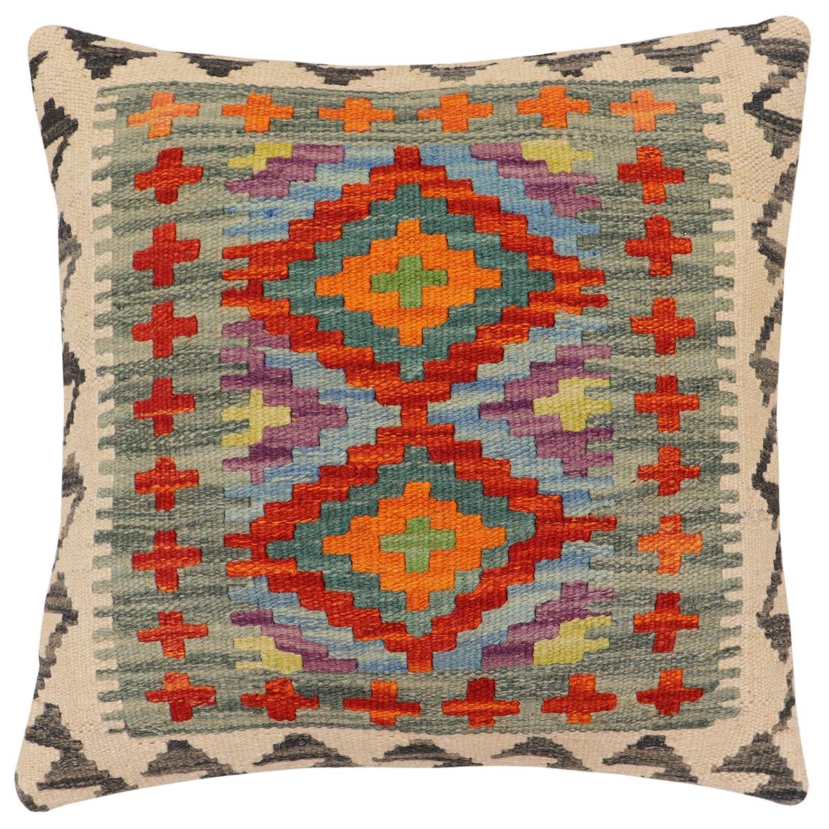 handmade Traditional Pillow Rust Blue Hand-Woven SQUARE 100% WOOL Hand woven turkish pillow2' x 2'