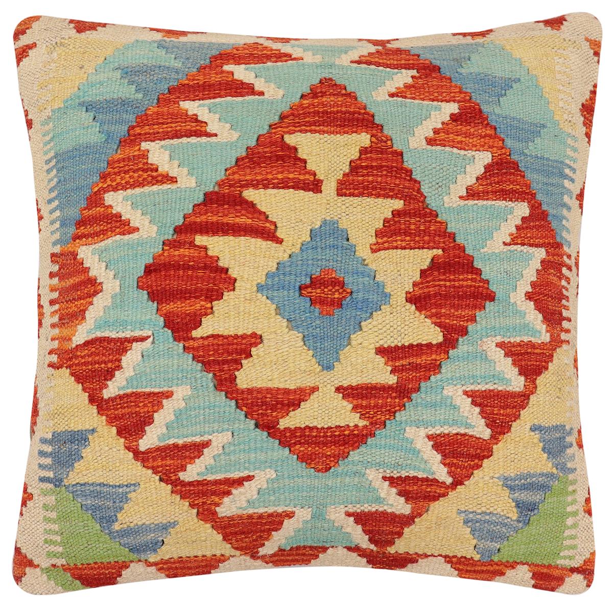 handmade Traditional Pillow Rust Blue Hand-Woven SQUARE 100% WOOL Hand woven turkish pillow2' x 2'