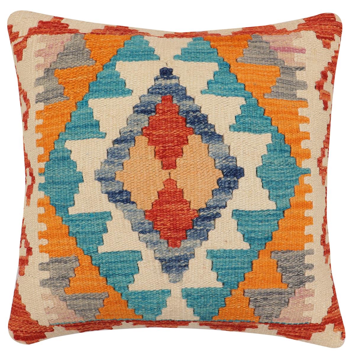 handmade Traditional Pillow Rust Blue Hand-Woven SQUARE 100% WOOL Hand woven turkish pillow2' x 2'