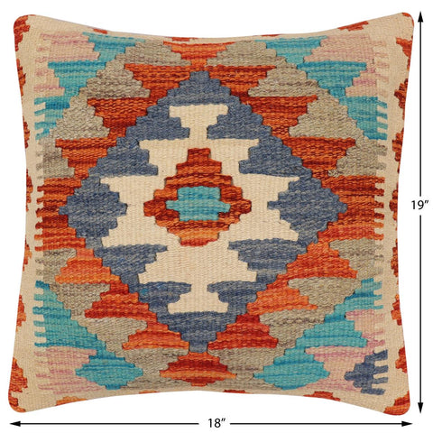 handmade Traditional Pillow Rust Blue Hand-Woven SQUARE 100% WOOL  Hand woven turkish pillow  2 x 2