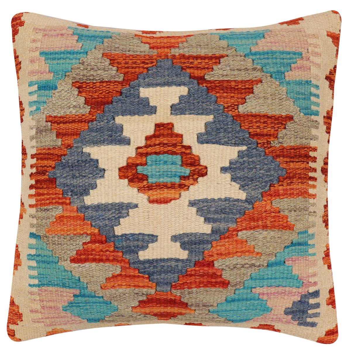 handmade Traditional Pillow Rust Blue Hand-Woven SQUARE 100% WOOL  Hand woven turkish pillow  2 x 2